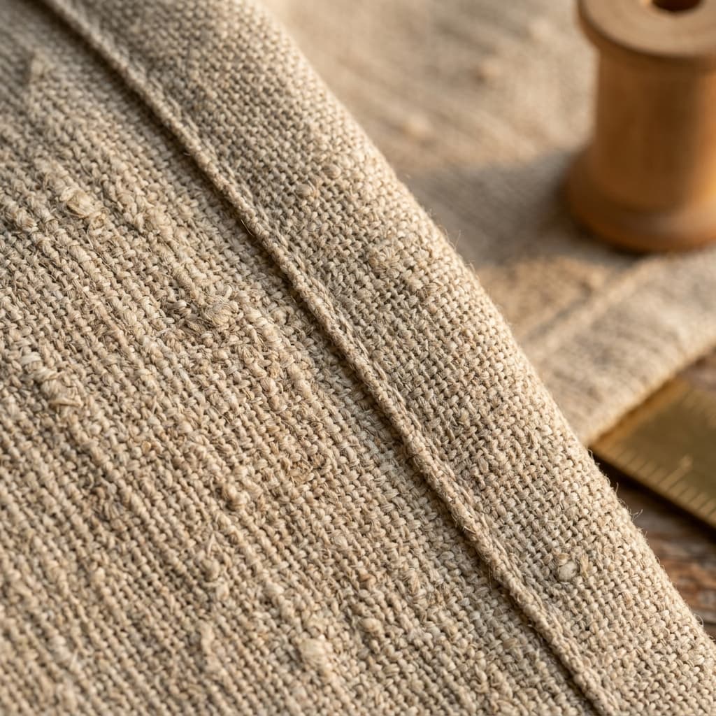 Macro close-up of woven flax linen showing the weave and stitching