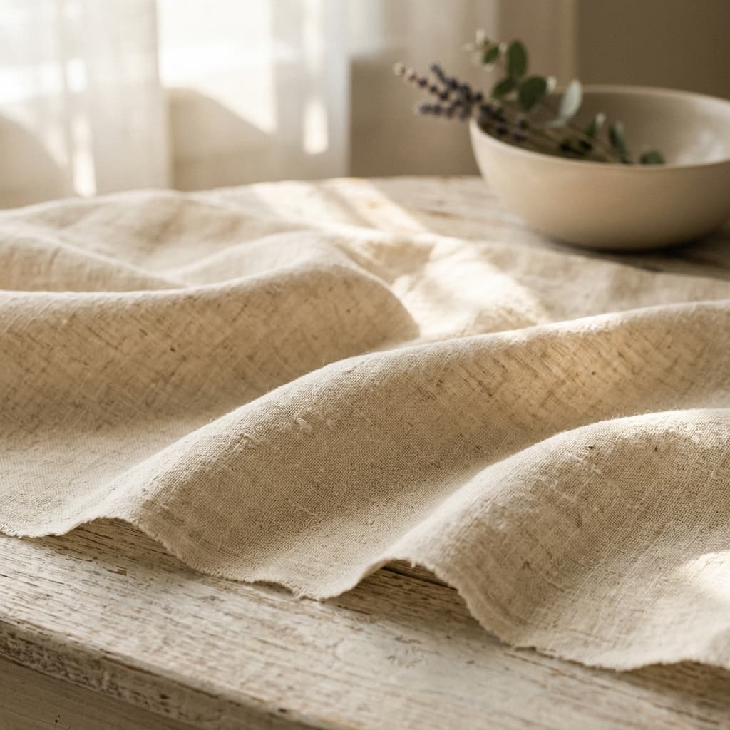 Ivory flax linen draped in a calm, naturally lit room