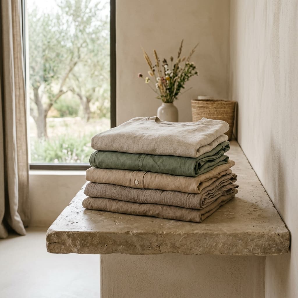 A stack of washed pure linen garments in soft earth tones