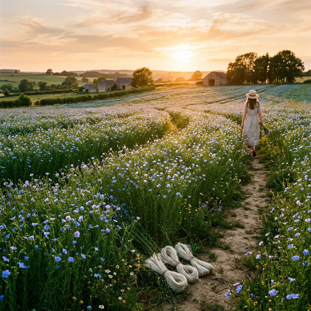A sunlit flax field in flower at golden hour