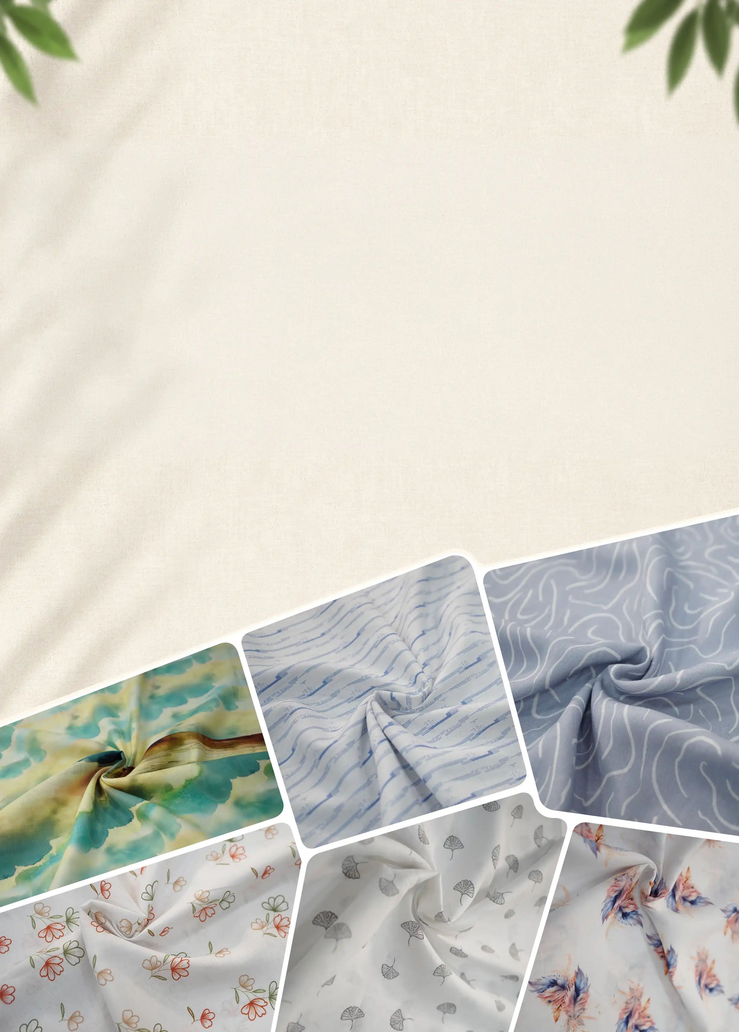 Printed pure linen fabrics twisted into swirls beside a plain natural weave