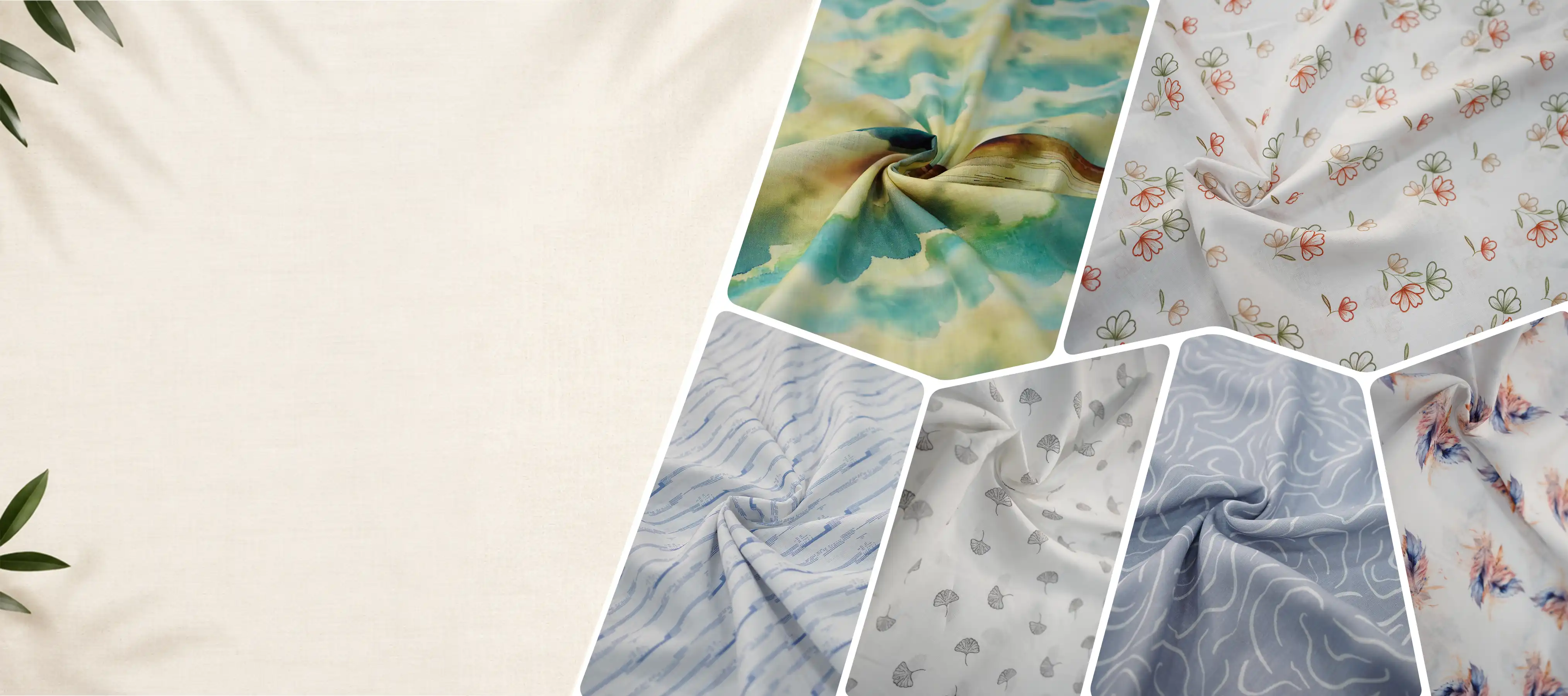 Printed pure linen fabrics twisted into swirls beside a plain natural weave